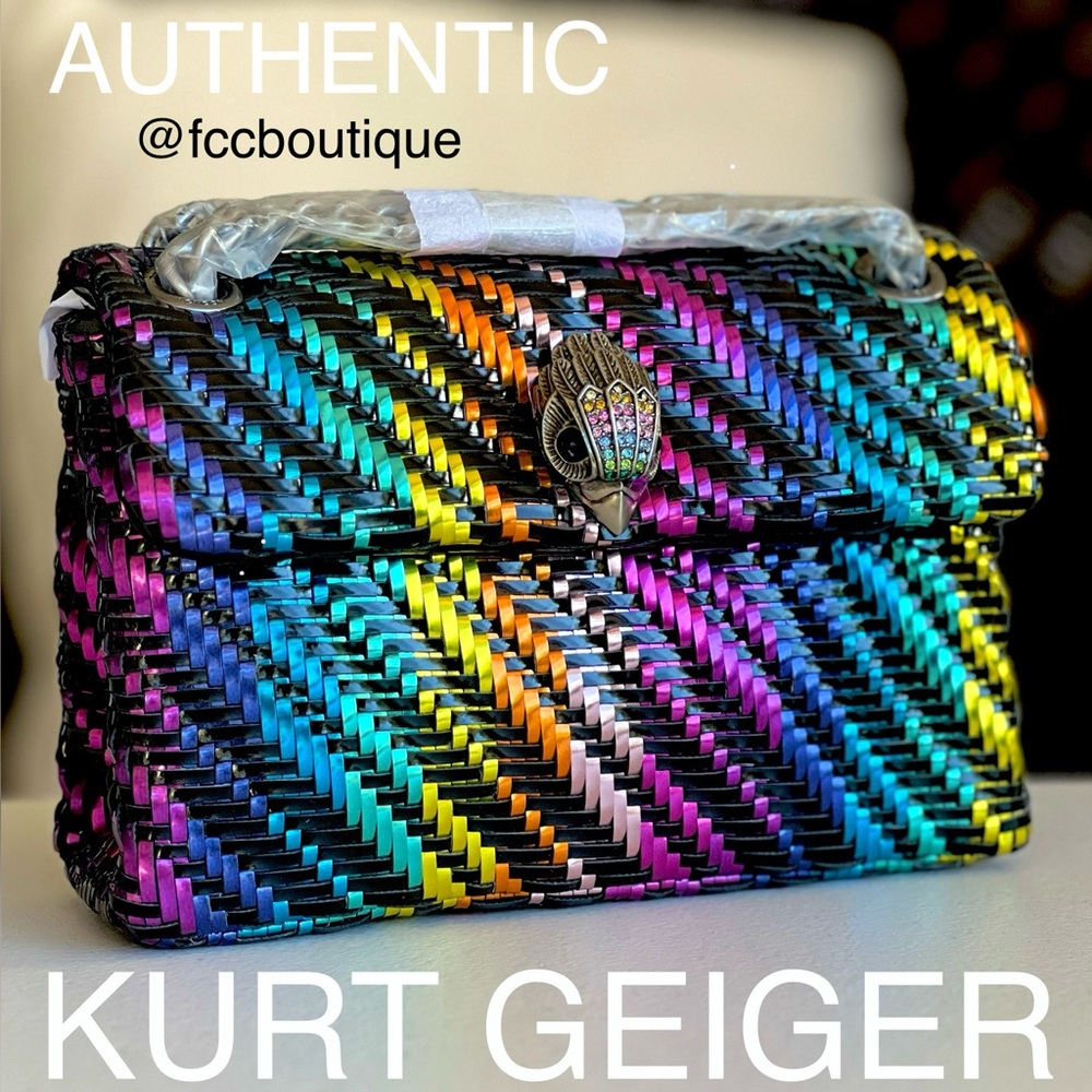 KURT GEIGER Kensington woven rainbow patent metallic convertible bag on chain